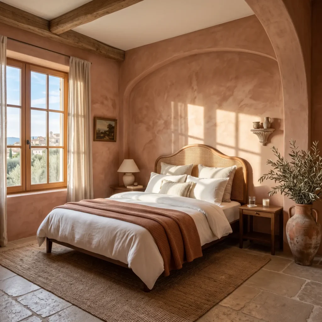 Sunlit Mediterranean bedroom with textured terracotta limewash walls, an arched cane headboard, and breezy linen window curtains.