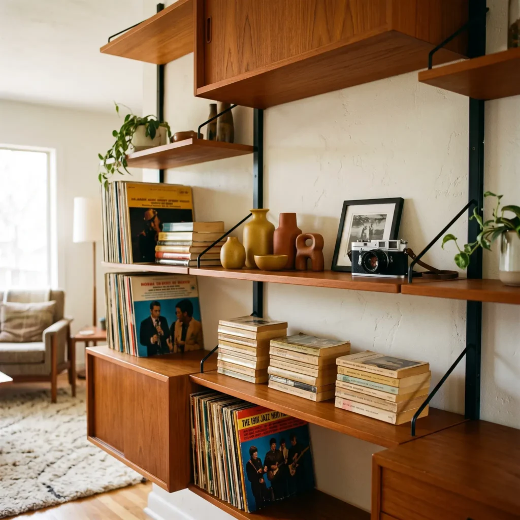 Mid-century modern teak modular shelving styled with vinyl records, retro studio ceramics, and vintage books.