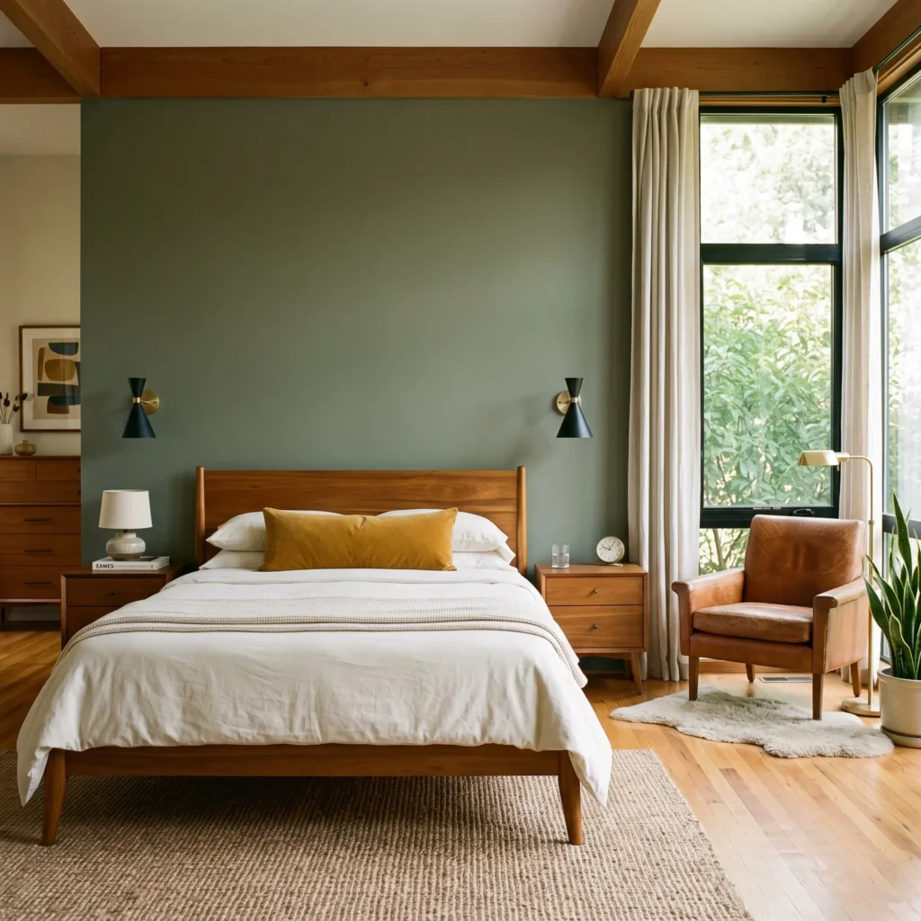 Mid-century modern bedroom with Sherwin-Williams Pewter Green walls, acorn teak bed frame, and cognac leather armchair.