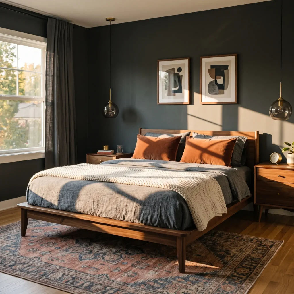Mid-century modern master bedroom featuring Farrow and Ball Plummett lead-grey walls and solid smoked American walnut platform bed with brass pulls.