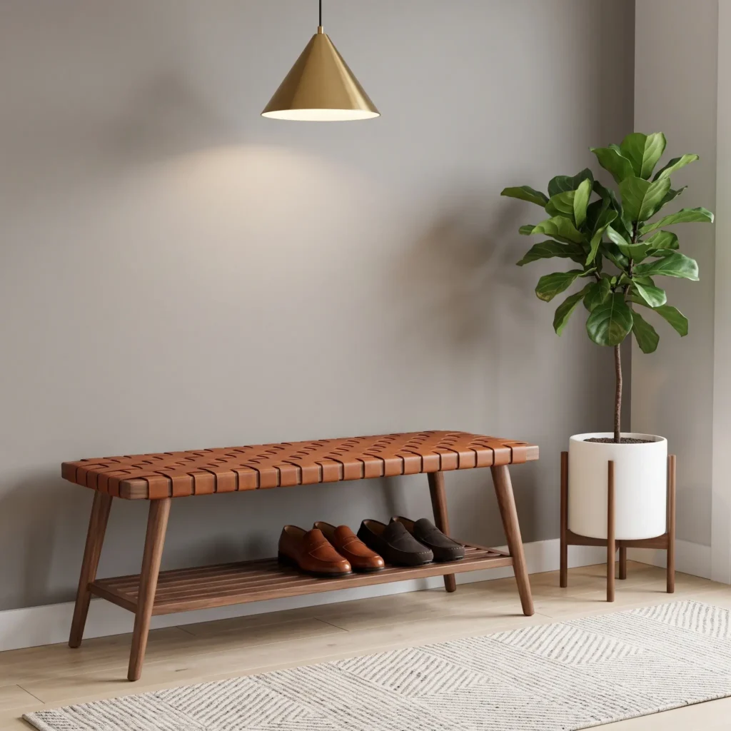 Mid-century modern walnut entryway bench with woven cognac leather strap seating and tapered legs.