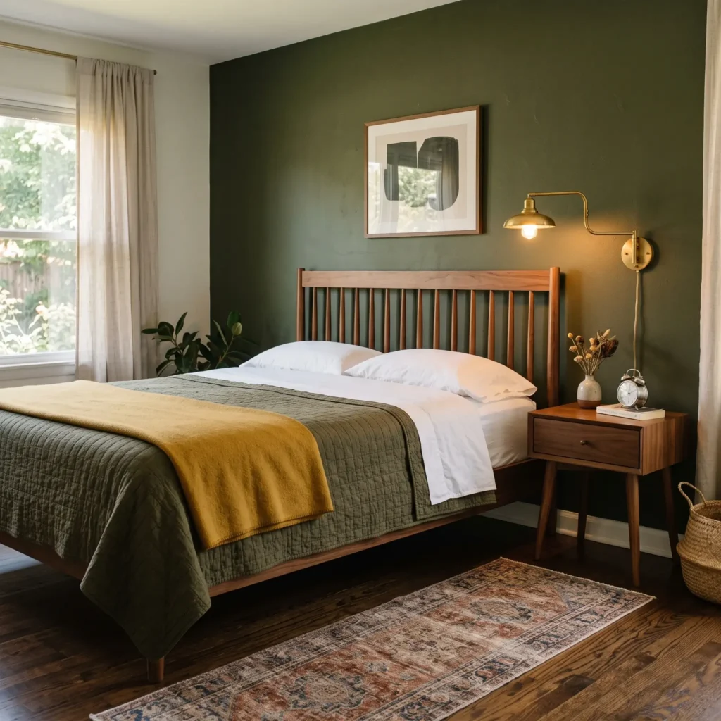 Mid-century modern bedroom featuring deep olive green walls, walnut nightstands, and brass reading sconces.