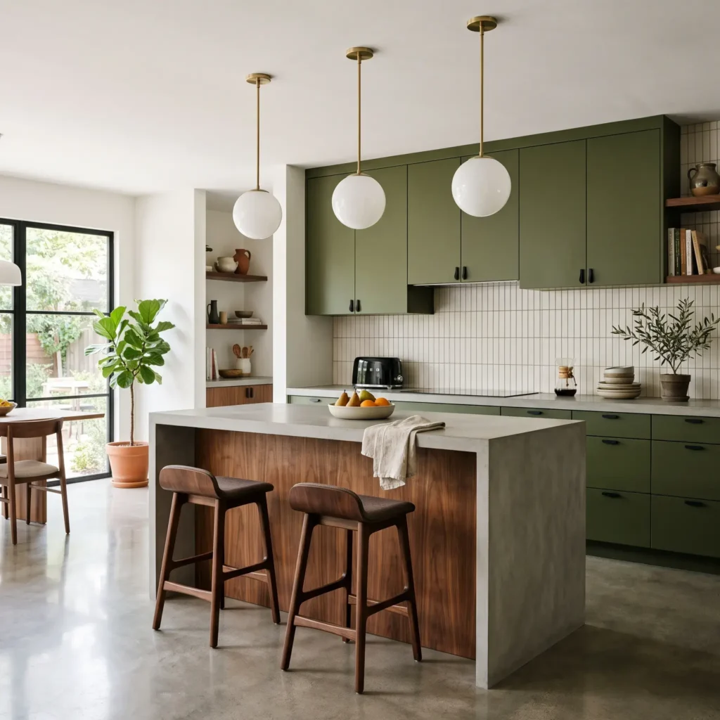 Flat slab olive green kitchen cabinets paired with American walnut island paneling and vertically stacked kit-kat backsplash tile.