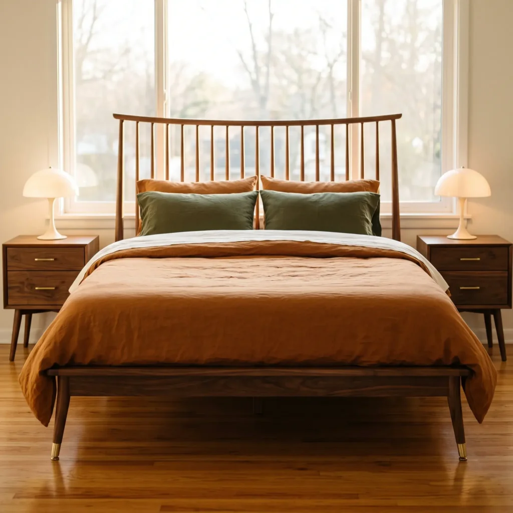 Mid-century modern solid walnut bed frame with tapered legs and spindle headboard.