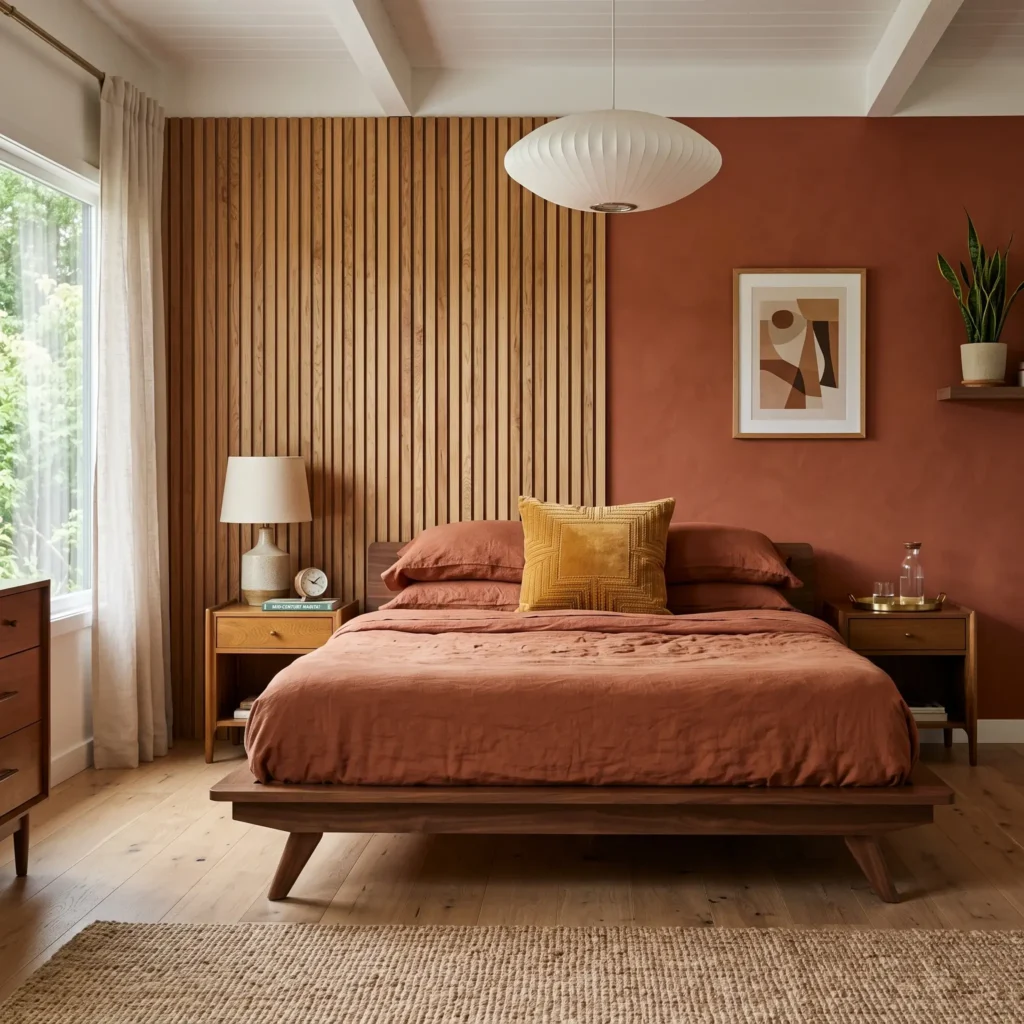 Mid-century modern bedroom featuring warm terracotta bedding, vertical wood slat wall, and golden ochre throw pillows.
