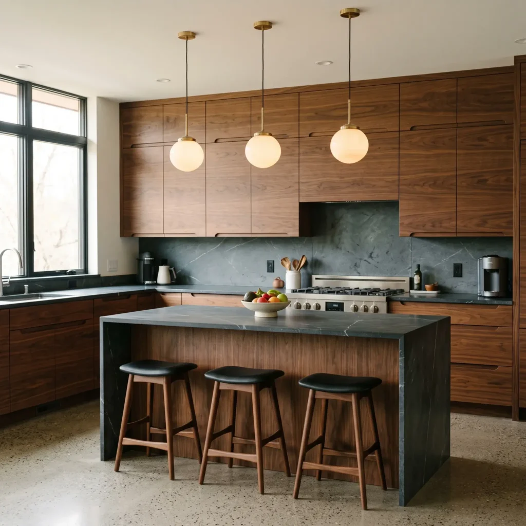 Mid-century modern kitchen featuring flat-panel walnut cabinets with continuous horizontal grain and black counters.