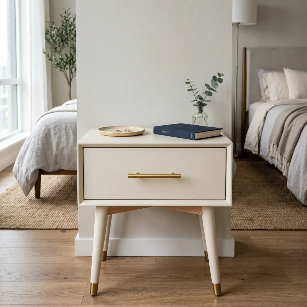 Modern matte off-white painted nightstand with updated brushed brass pull knobs styled with books.