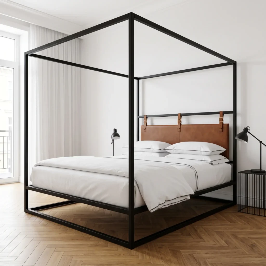 Slim matte black steel four poster canopy bed frame in a high ceiling modern bedroom.