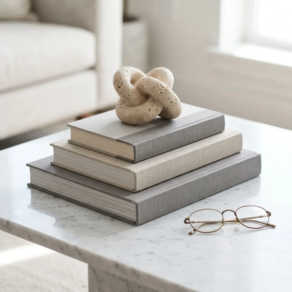 Sleek marble coffee table showing a stack of three books topped with a raw travertine knot sculpture.