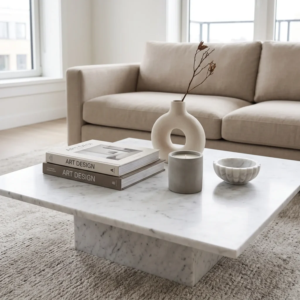 Arabescato marble coffee table featuring a single hand-carved black wood bowl placed off-center.