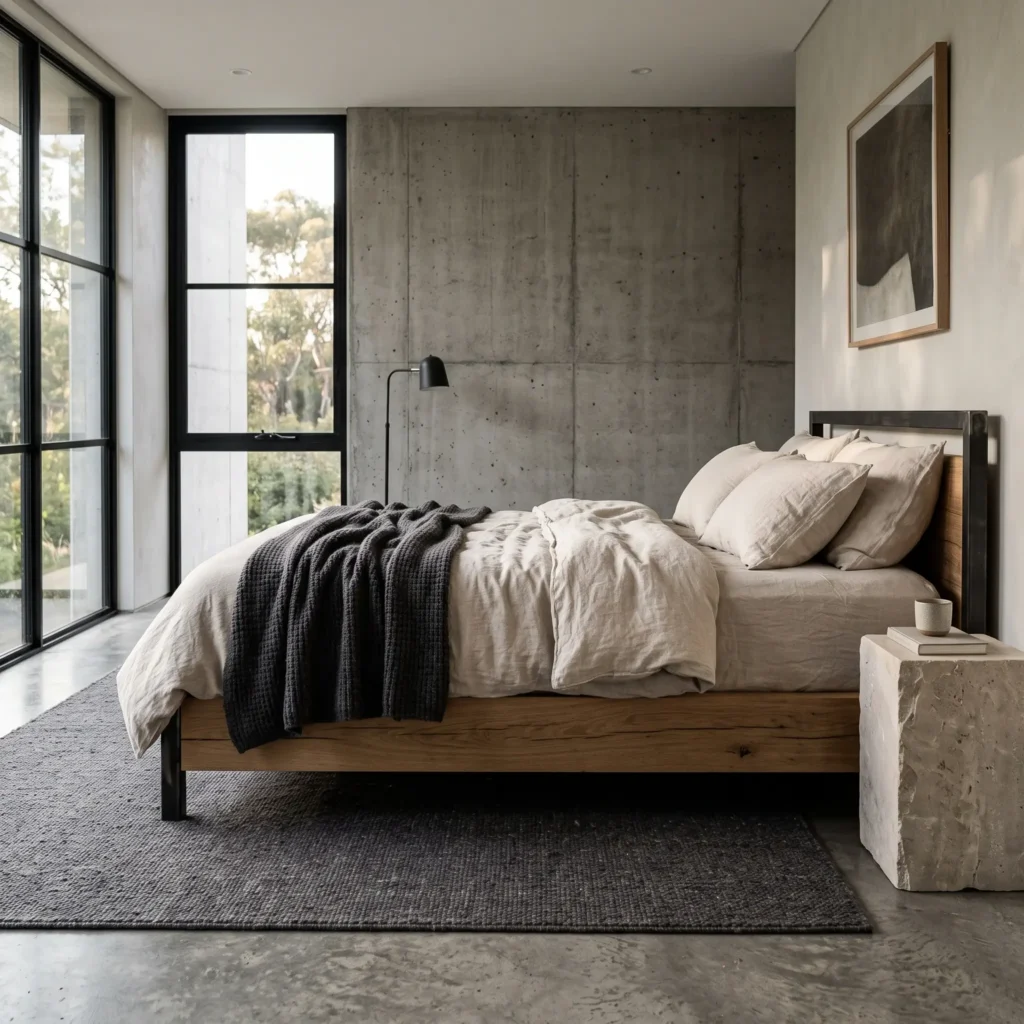Modern master bedroom with blackened steel and oak platform bed paired with raw stone accents and linen bedding.