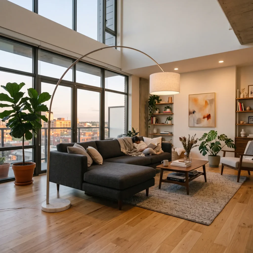 Large brushed metal arc floor lamp extending over a gray sectional sofa in a rental living room