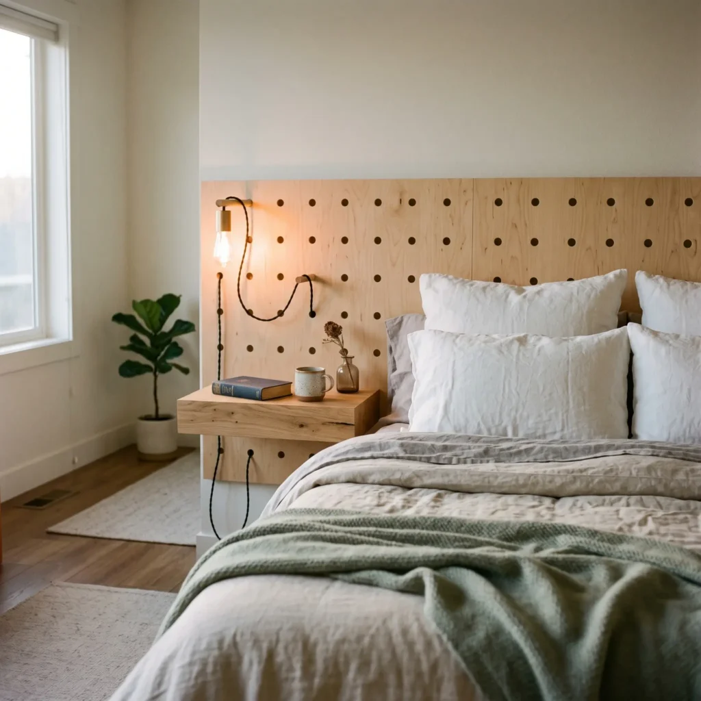 Full-width wooden pegboard headboard behind a bed featuring a floating nightstand shelf and warm pendant lamp.