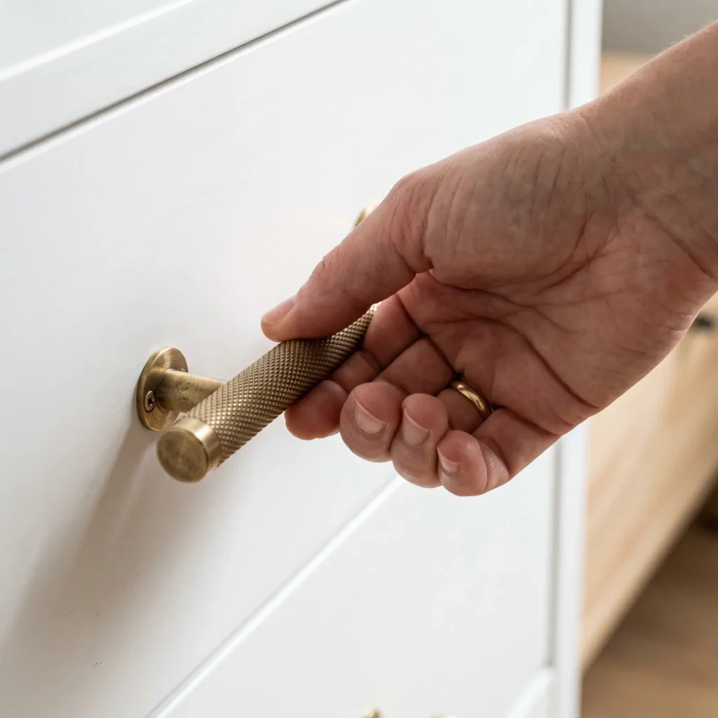 Close-up of solid knurled brass drawer pulls installed on a neutral modern bedroom dresser.