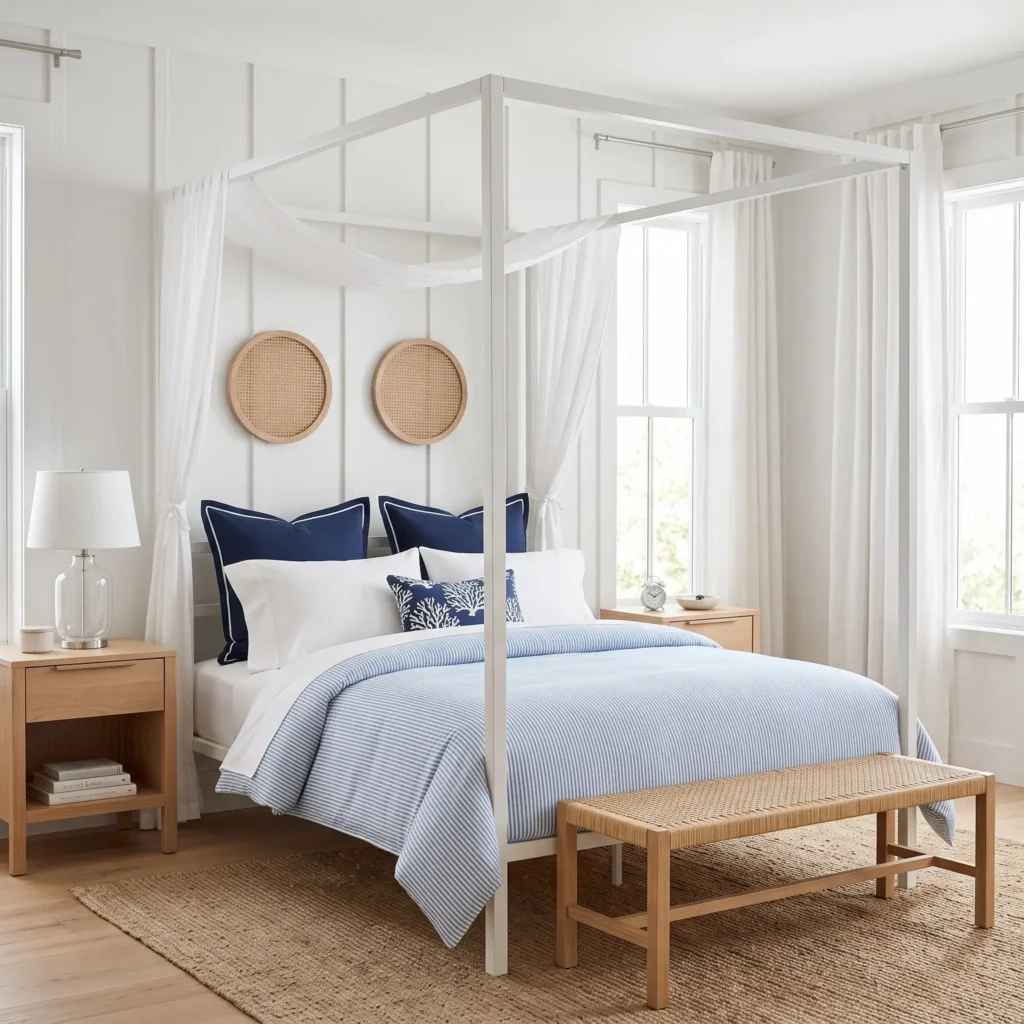 Slim white metal four-poster canopy bed with sheer white draped fabric and blue striped bedding in a coastal teen bedroom.