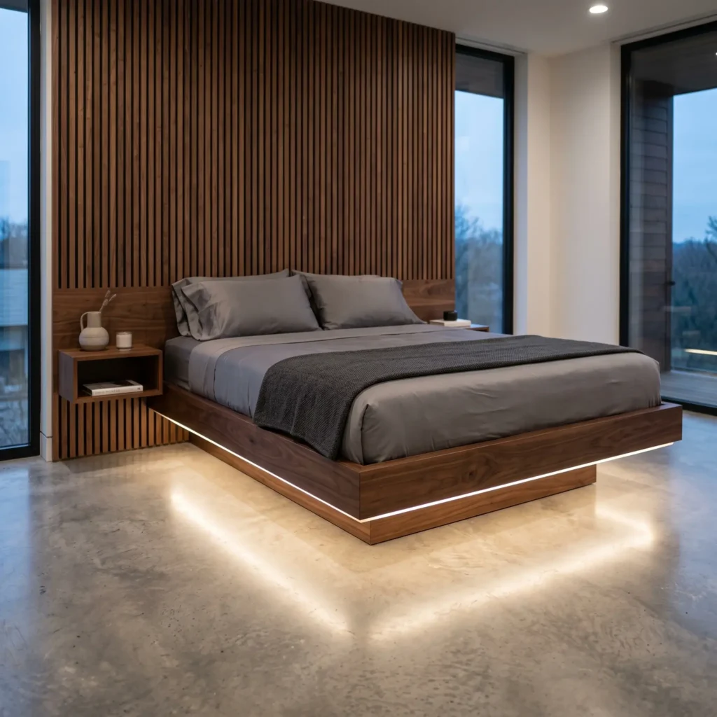 Alt Text: Cantilevered walnut floating bed frame with warm LED under-bed lighting in a modern bedroom.