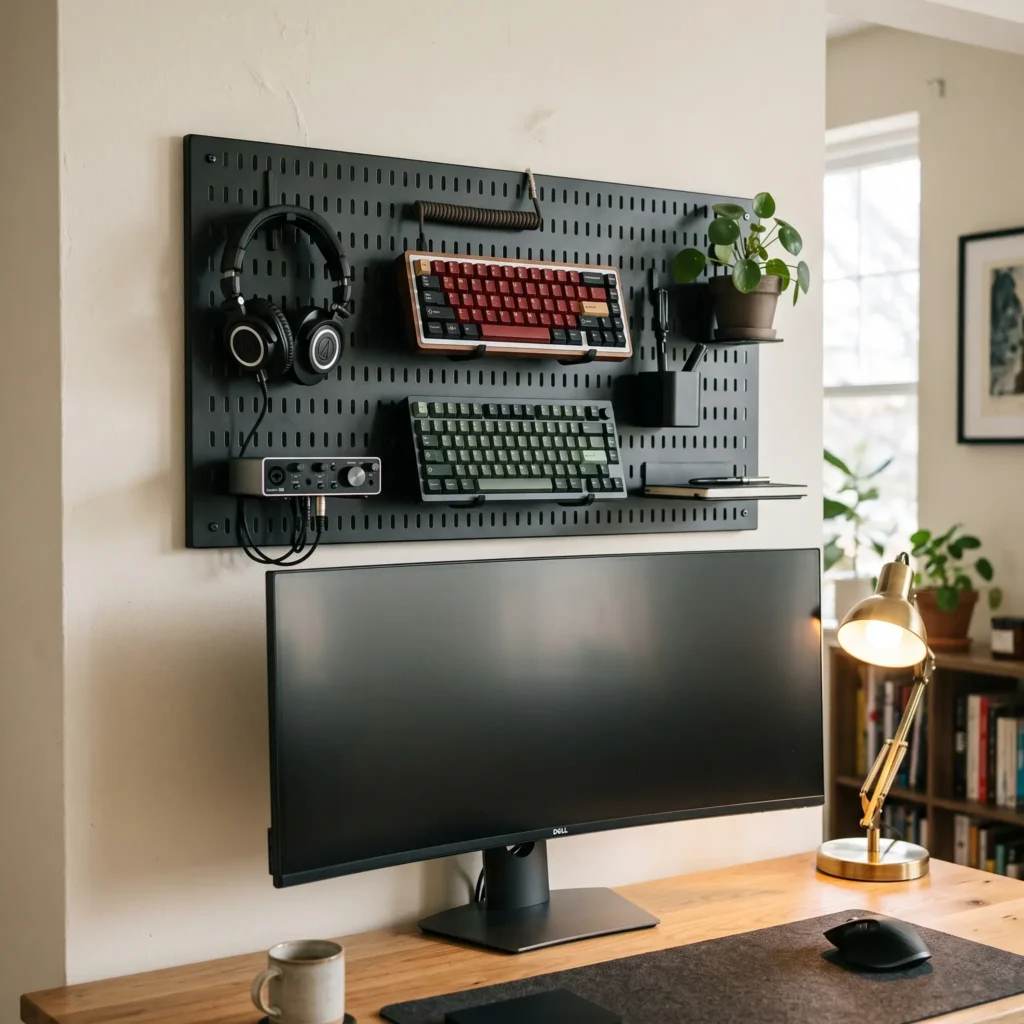 Matte black pegboard behind a computer desk displaying mechanical keyboards, headphones, and gaming controllers.