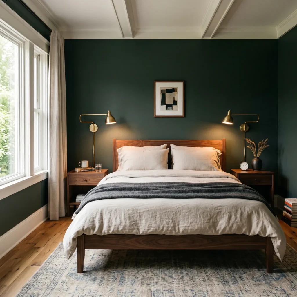 Modern heritage bedroom with Benjamin Moore Essex Green walls, solid walnut bed frame, and unlacquered brass swing-arm sconces.