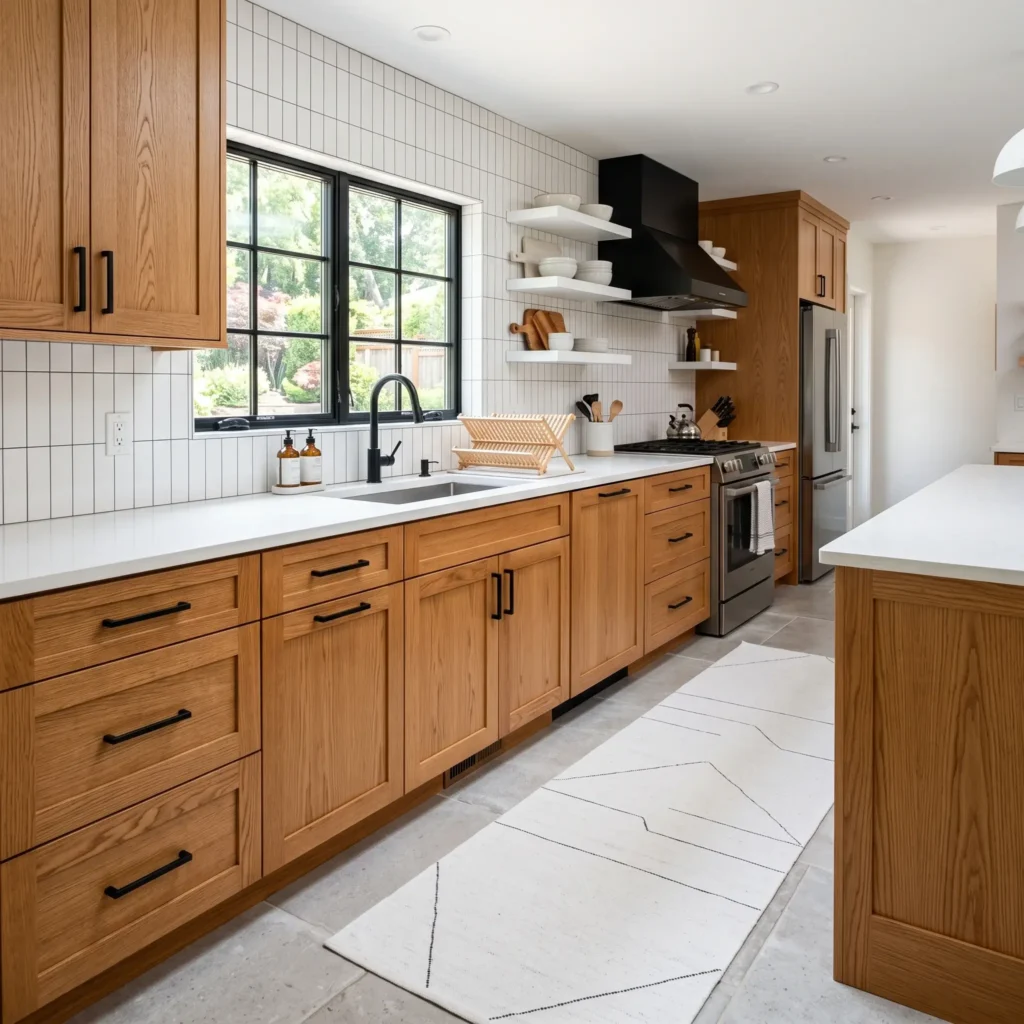 Updated golden oak kitchen cabinets with matte black modern hardware and white quartz countertops.