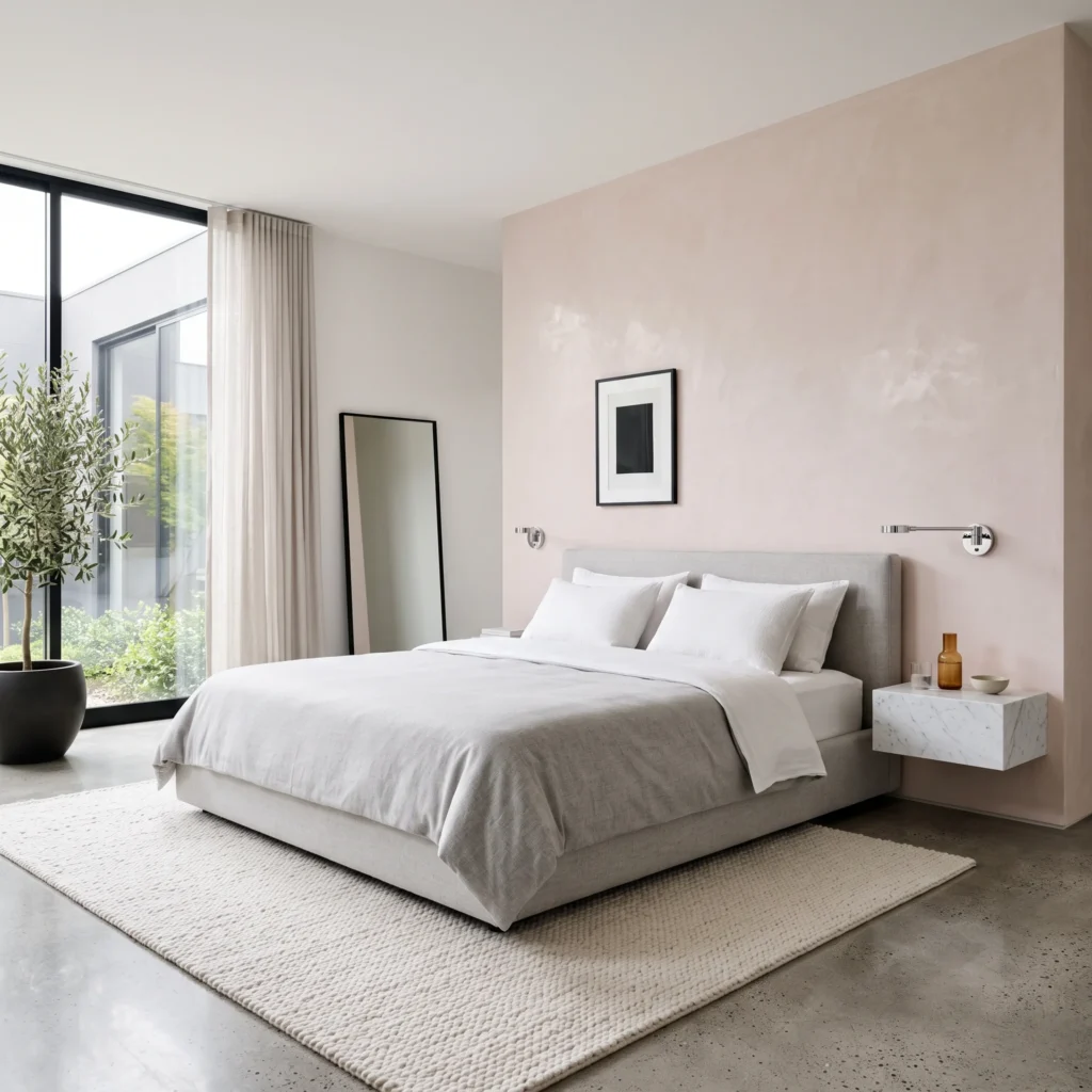 Modern minimalist bedroom with polished pink Venetian plaster, floating marble nightstand, and chrome lighting.