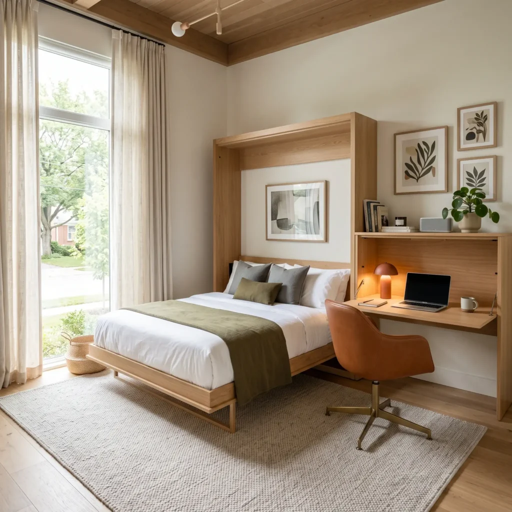 Modern home office and guest bedroom combo featuring an integrated wooden Murphy bed and desk setup.
