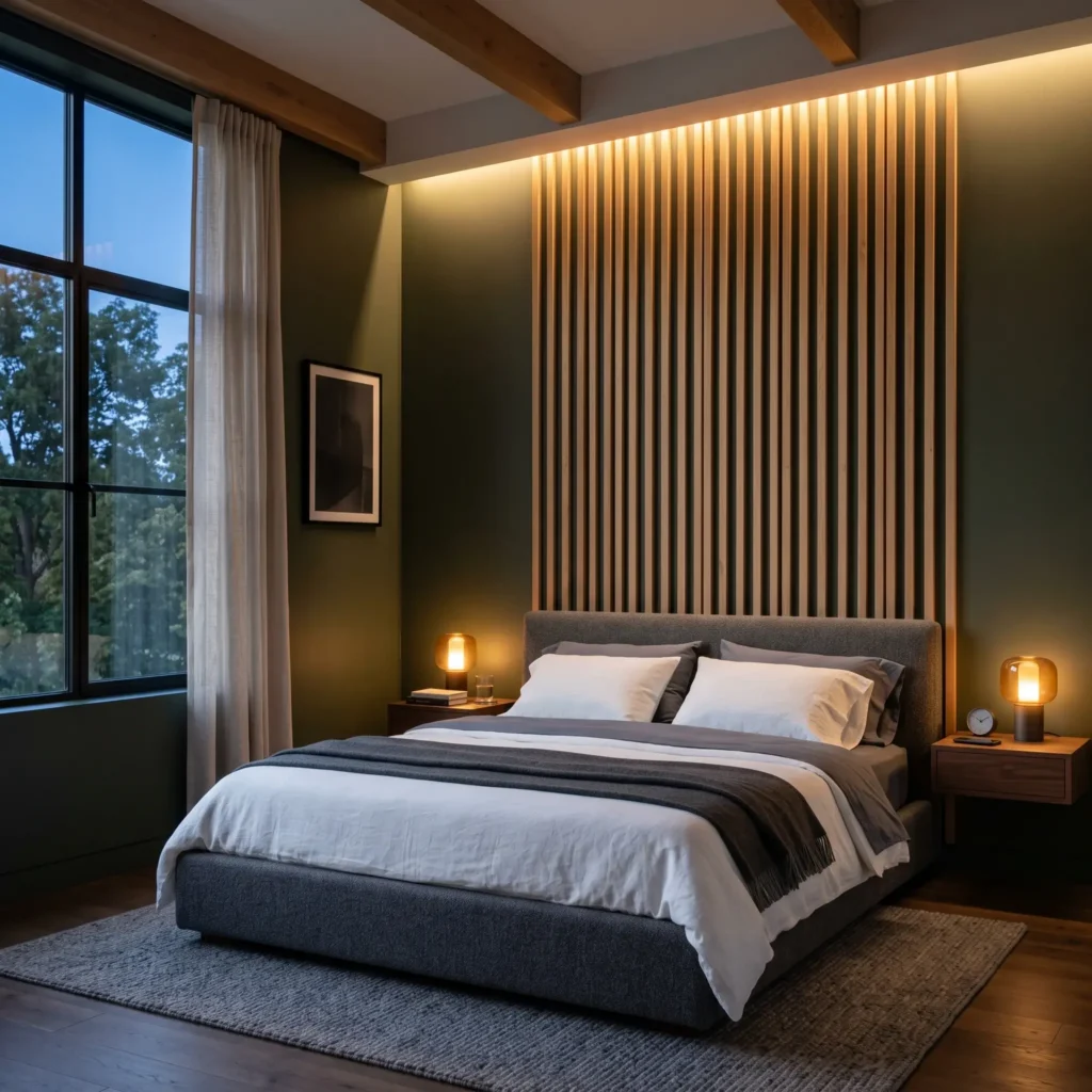 Contemporary primary bedroom with a vertical oak slat accent wall against deep olive green paint with hidden accent lighting.