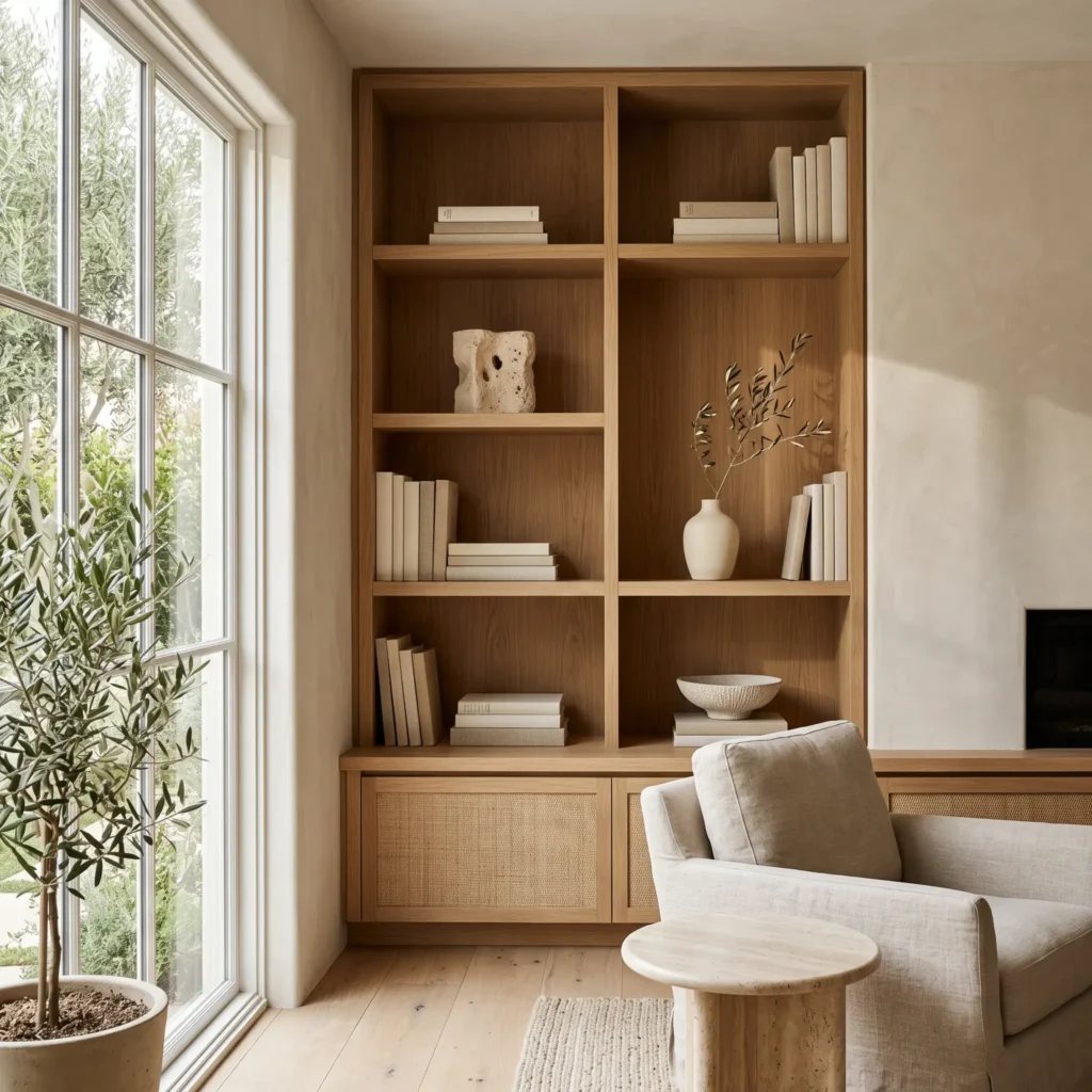 Modern organic bookshelf styling with neutral linen books, a raw travertine knot, and a matte cream ceramic vase on white oak shelves.