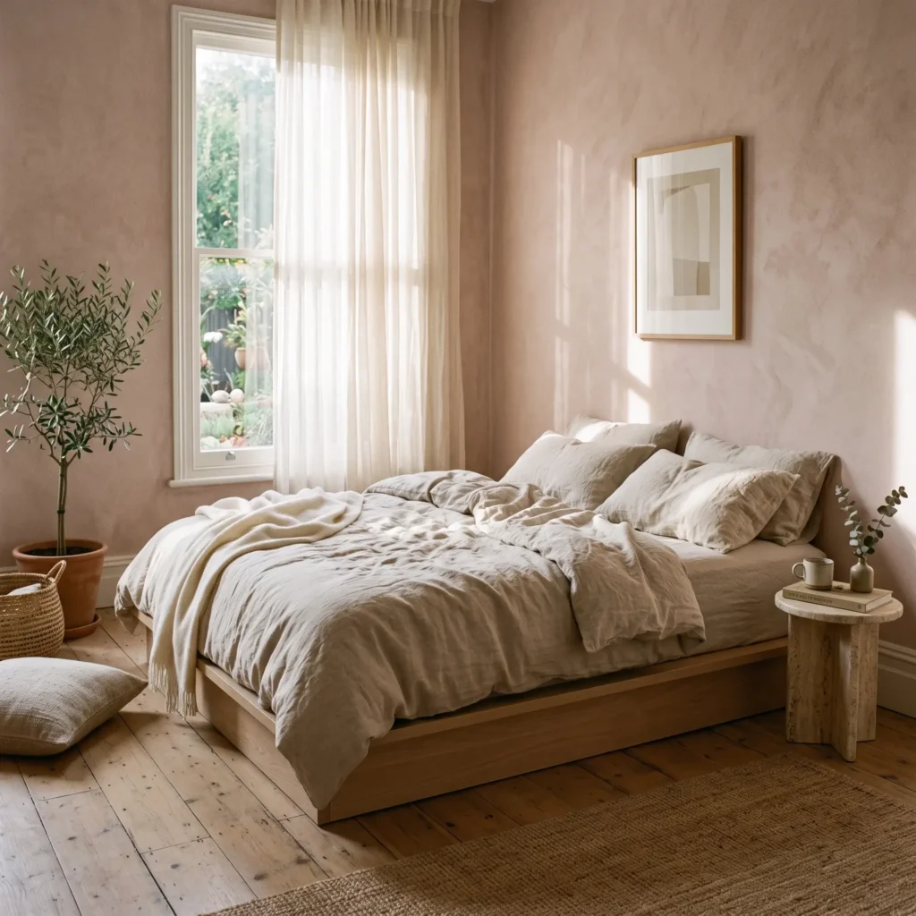 Modern organic bedroom featuring dusty pink limewash walls, light oak platform bed, and oatmeal linen bedding.