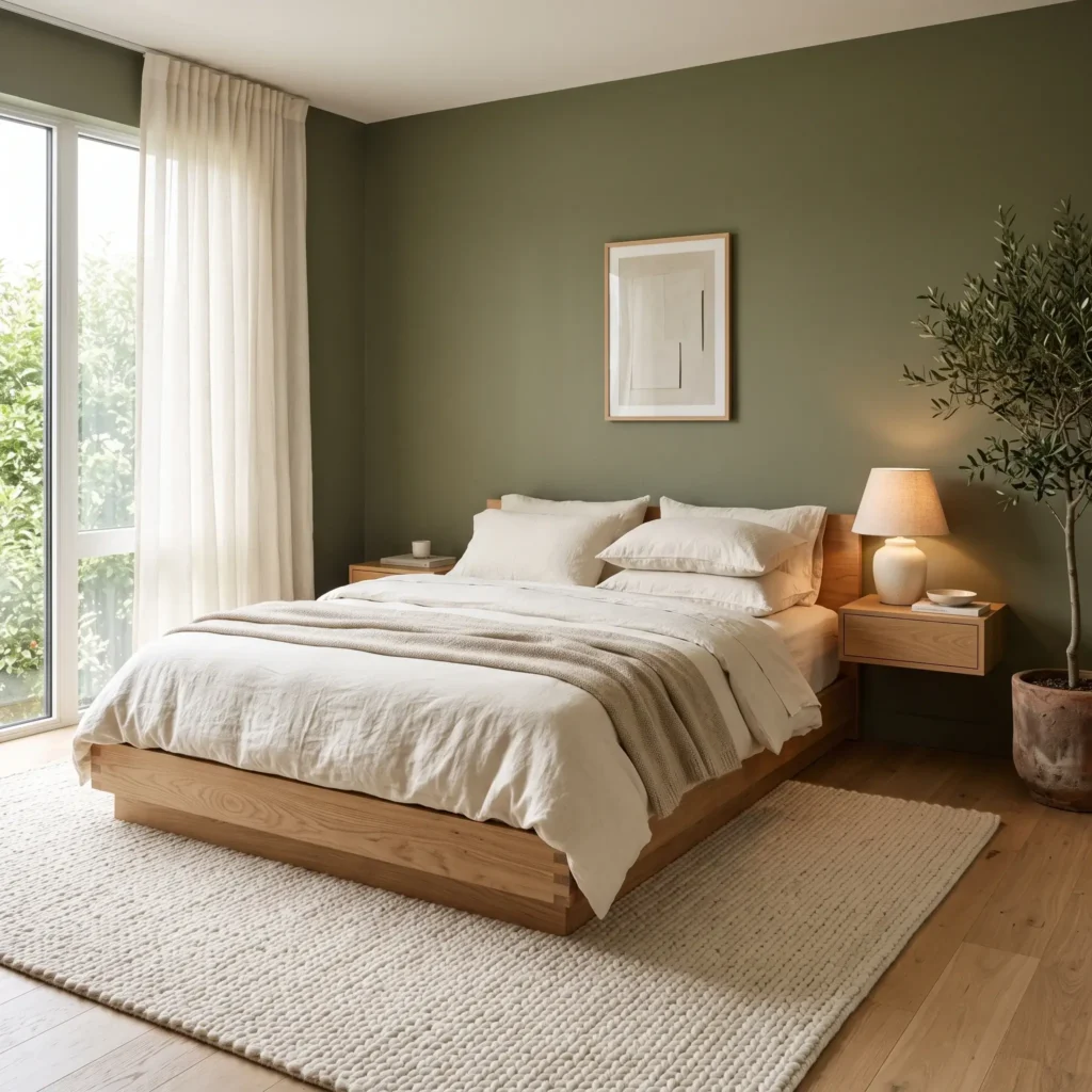 Modern organic bedroom with matte olive green walls, a white oak platform bed, and cream linen sheets.