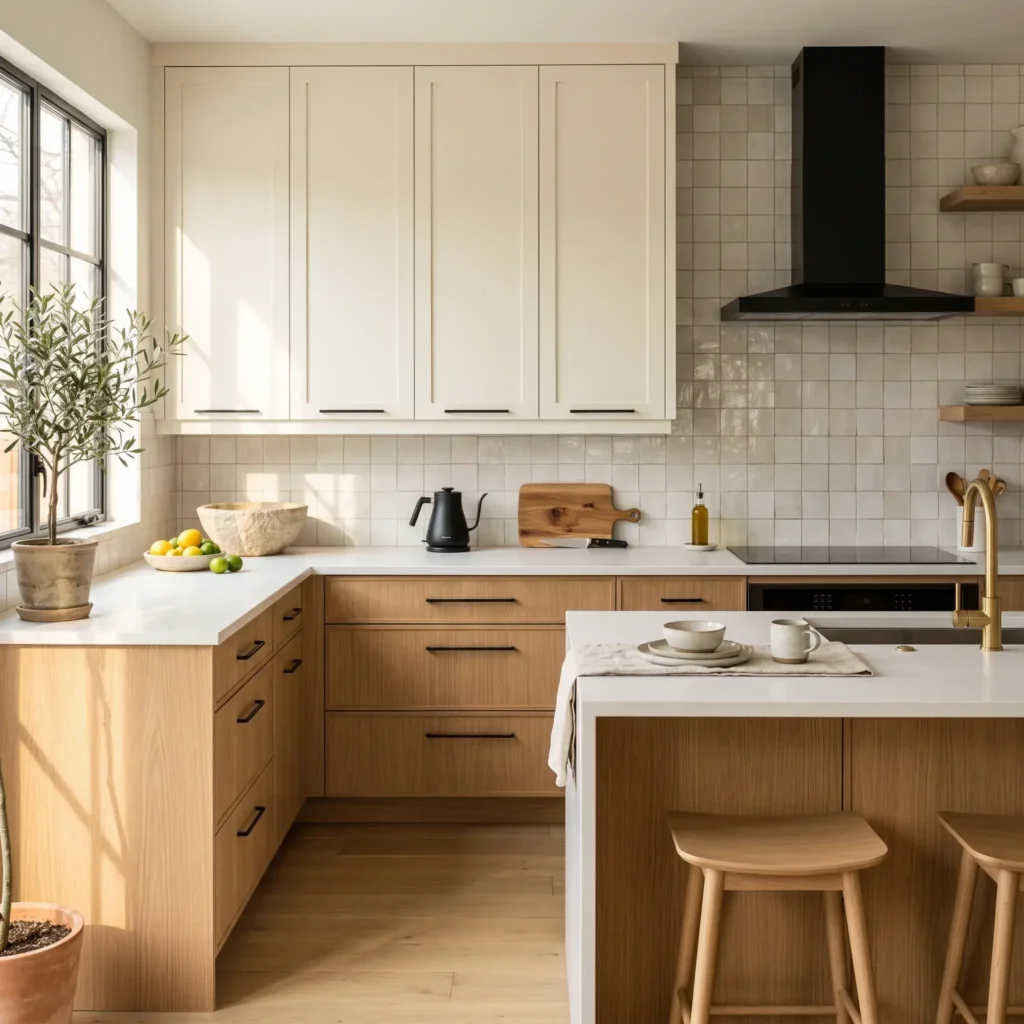 Modern kitchen featuring creamy off-white upper cabinets, natural white oak lower cabinets, and matte black hardware.