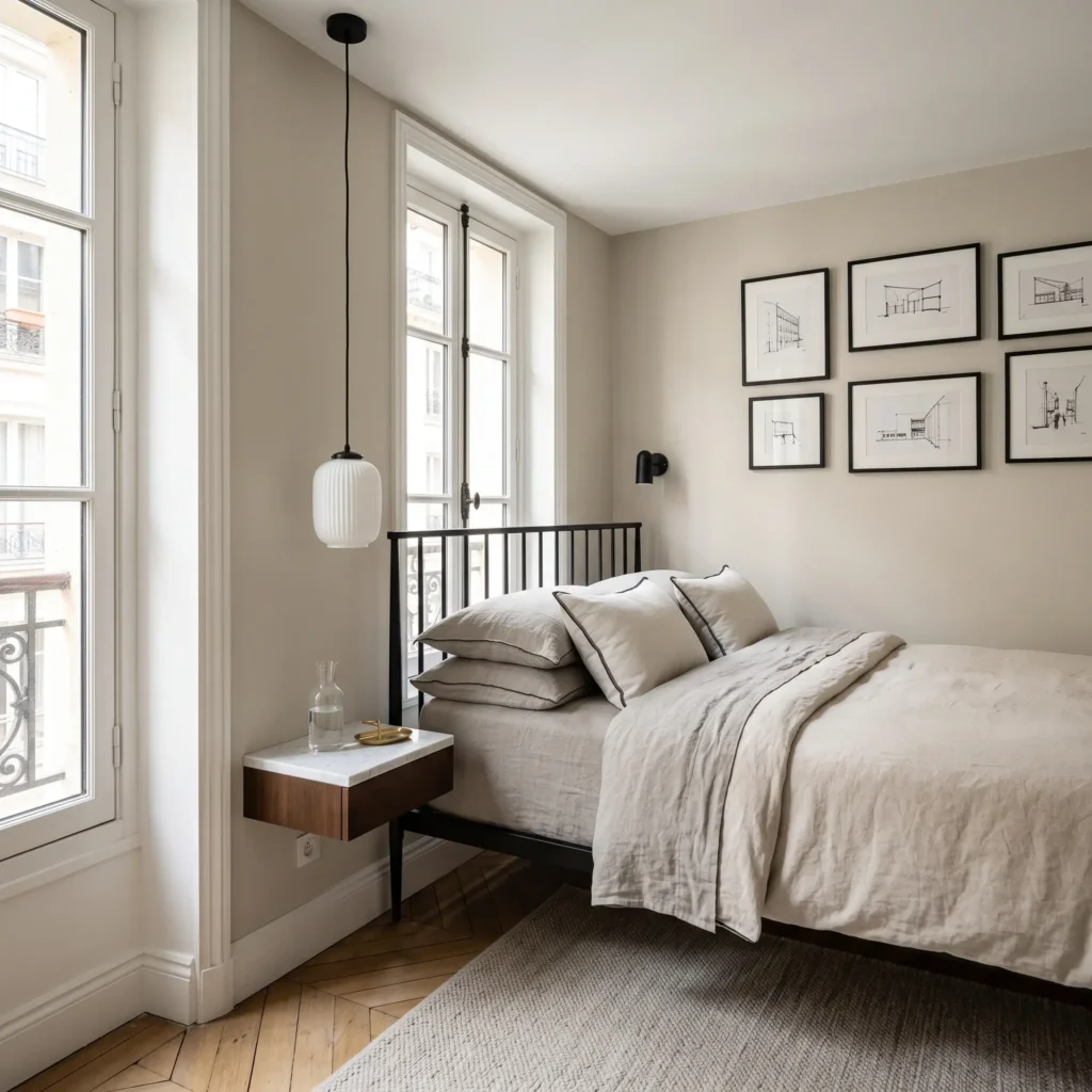 Small apartment bedroom painted in Benjamin Moore Edgecomb Gray with black iron bed frame.