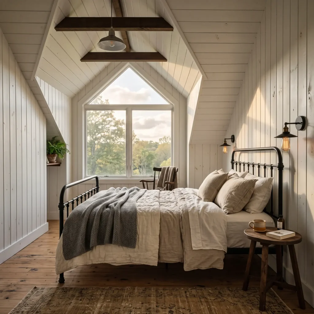 Modern rustic attic bedroom with vertical white shiplap walls, black metal light fixtures, and a cozy iron bed frame.