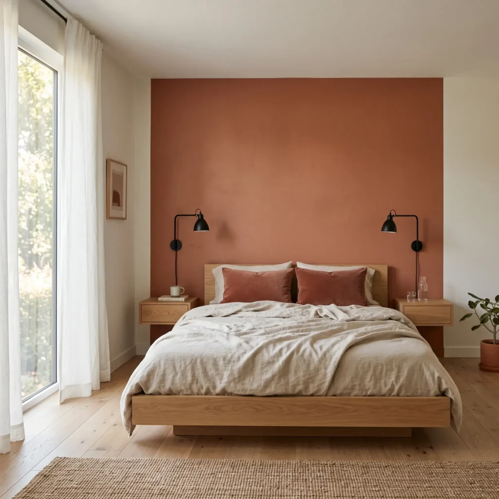 Modern bedroom featuring a matte terracotta accent wall behind a white oak platform bed with layered oatmeal linen and rust pillows.
