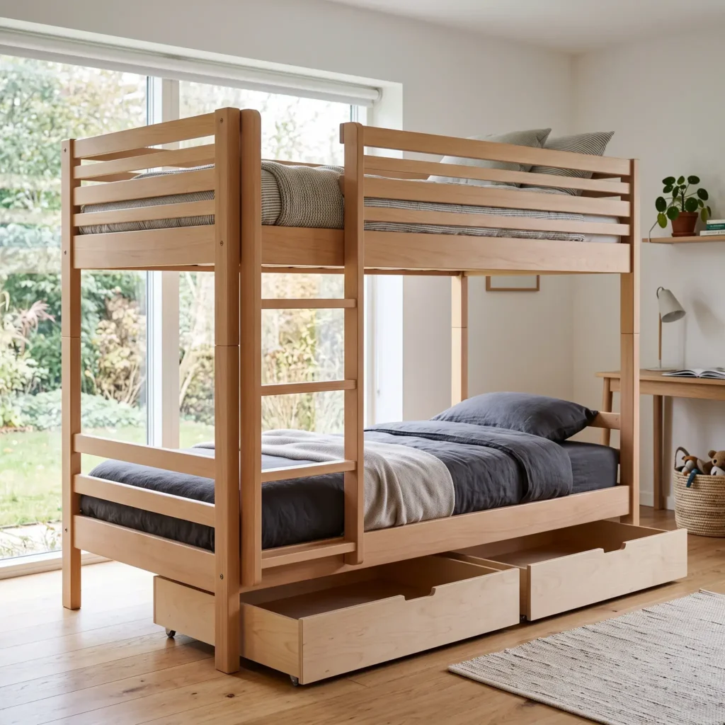 Solid wood twin-over-twin bunk bed with a flat vertical ladder and rolling under-bed storage drawers in a small room.