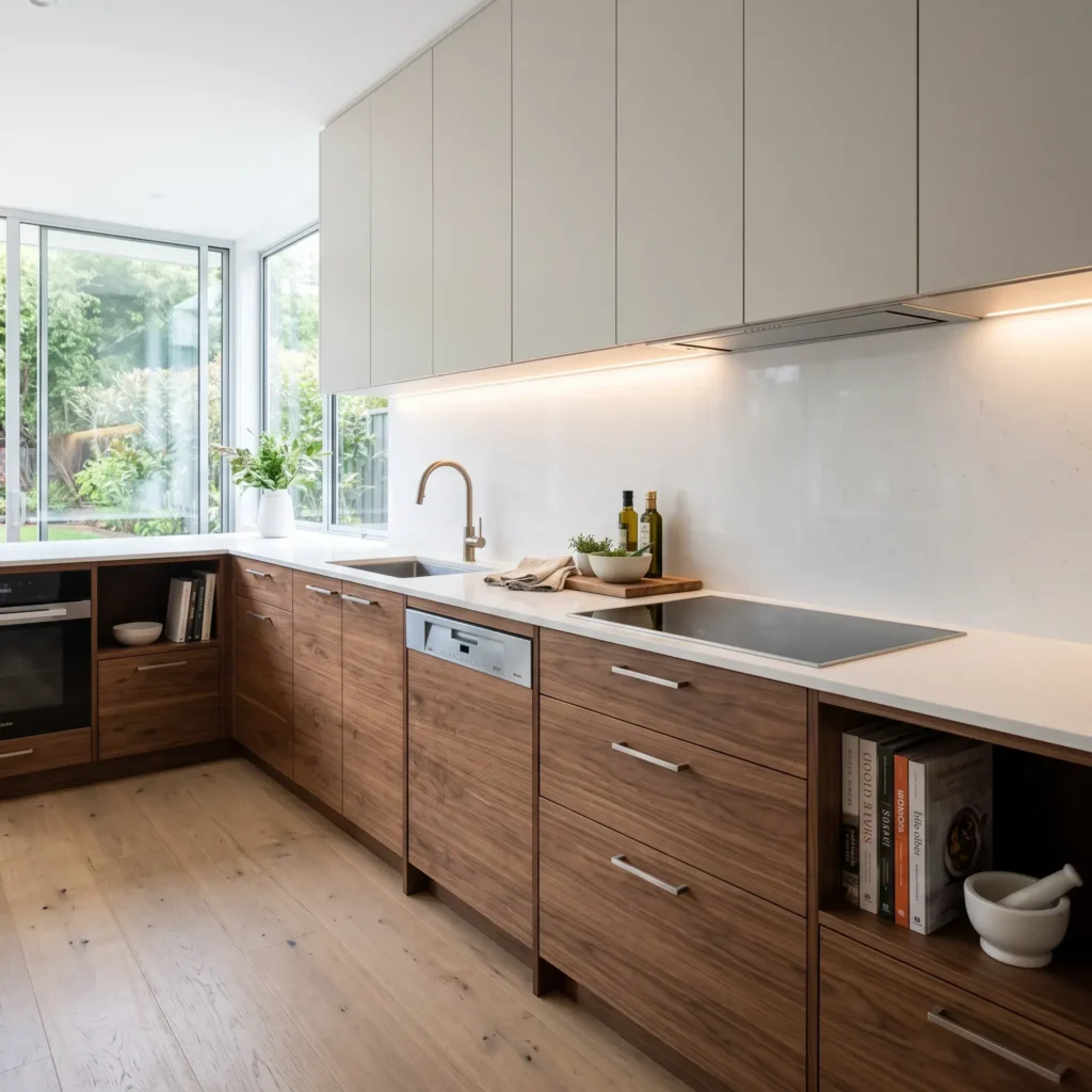 Modern kitchen with light greige upper cabinets, horizontal grain walnut lower units, and white quartz countertops.