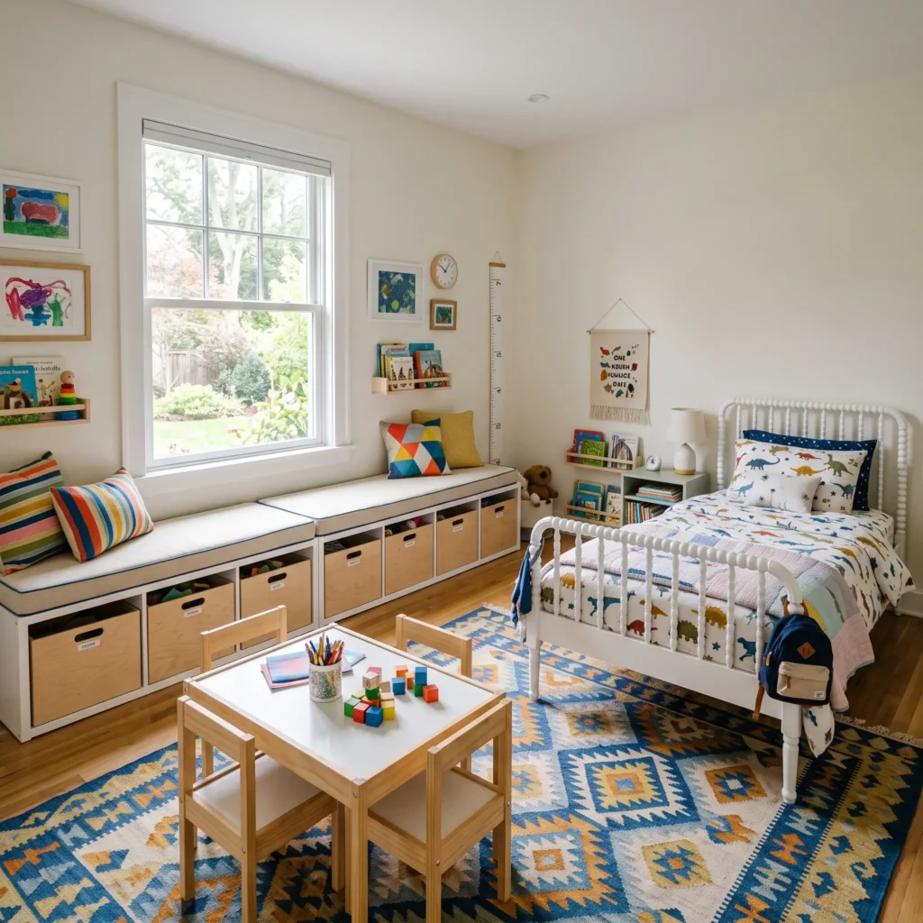 Wall of modular cubby storage with slide-out bins and cushioned window bench seating in a clean kids bedroom.