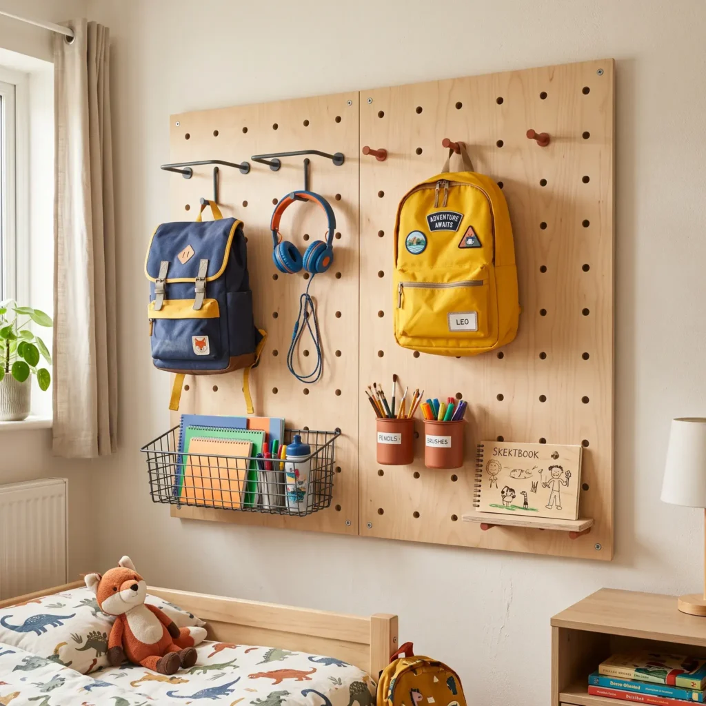 Large birch wood pegboard on a bedroom wall divided with colorful pegs to hold backpacks and accessories for two siblings.