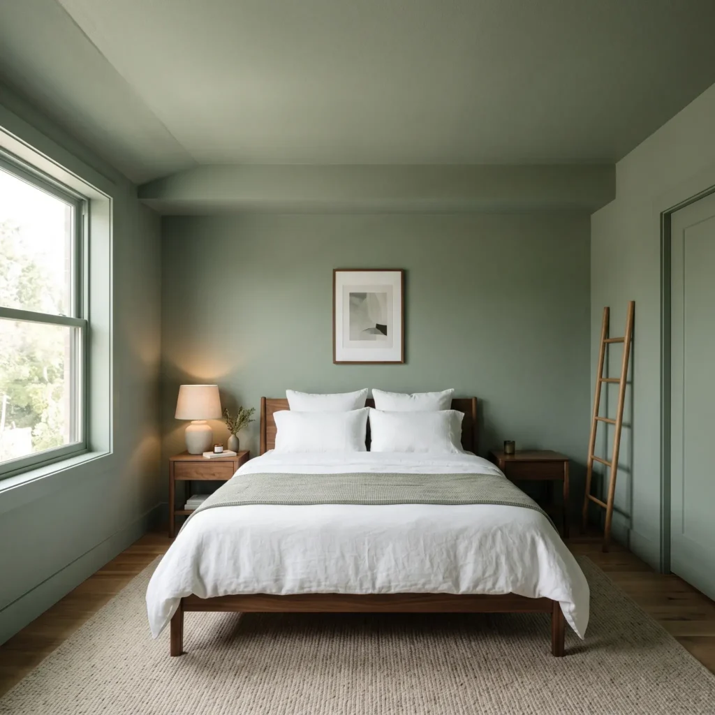 A low-ceiling bedroom with walls and ceiling painted the same soft sage color.