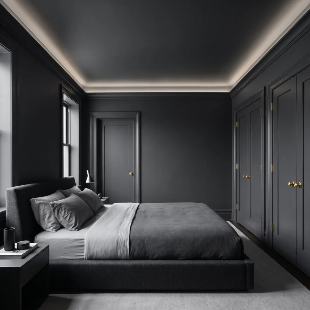 Seamless color drenched master bedroom suite painted entirely in Farrow and Ball Down Pipe slate grey from ceiling to baseboard using mixed paint sheens.