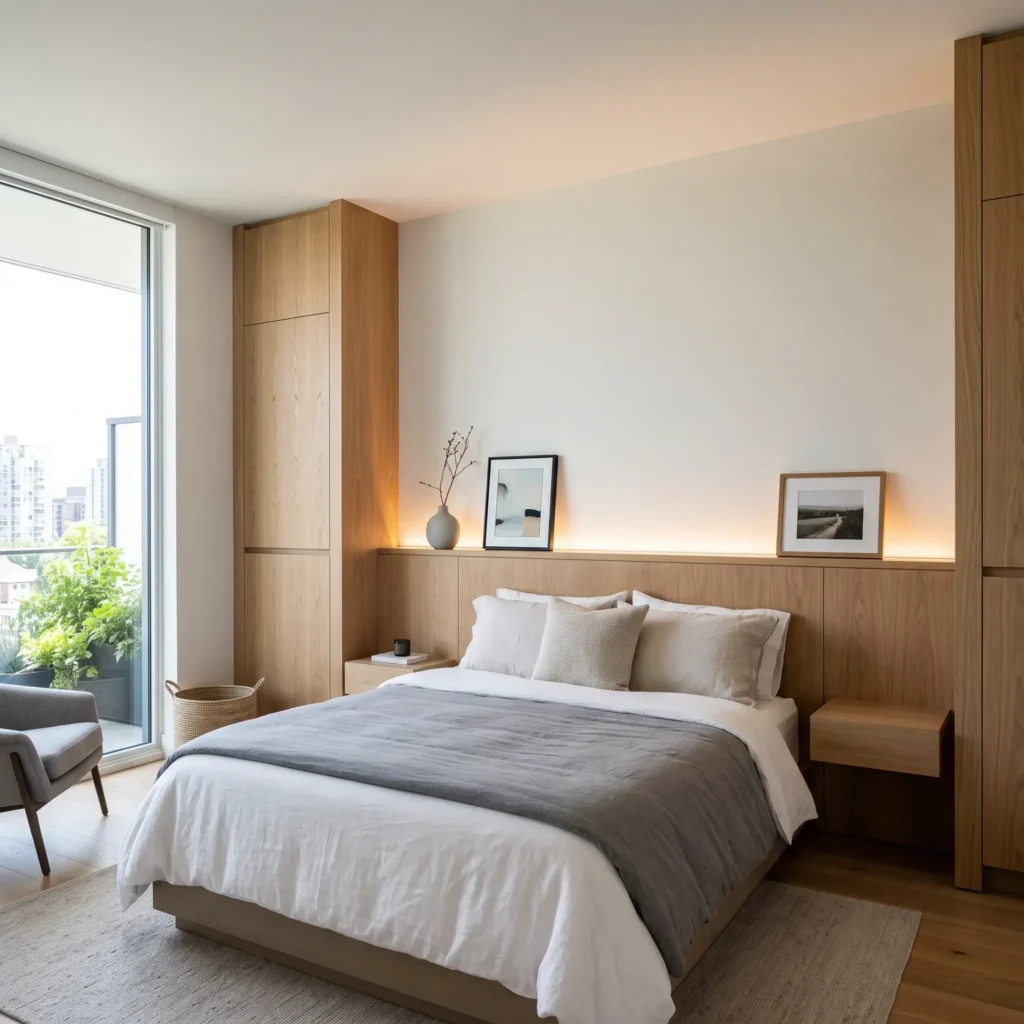 Bedroom featuring a continuous white oak headboard ledge running wall to wall with floating bedside shelves.