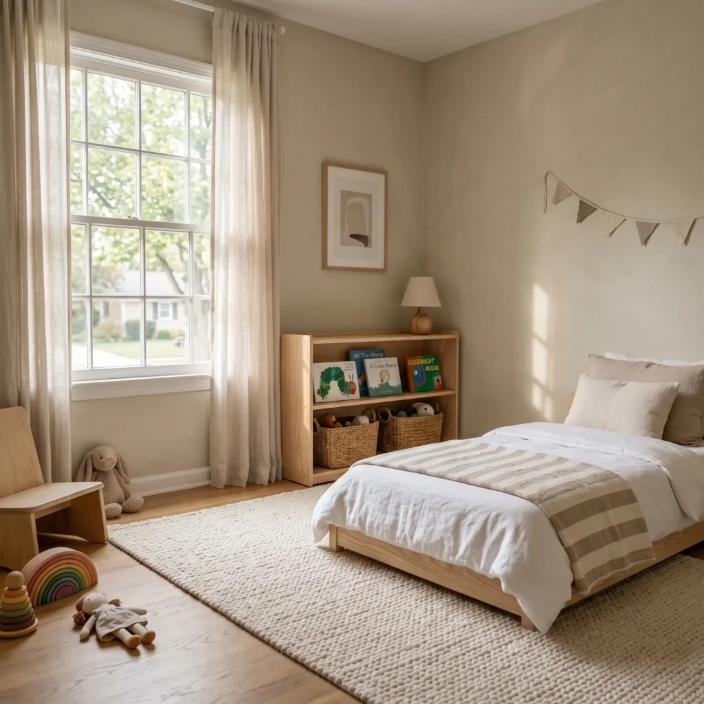 Low Montessori floor bed with light wood frame beside low open toy shelves in a sunny toddler room.