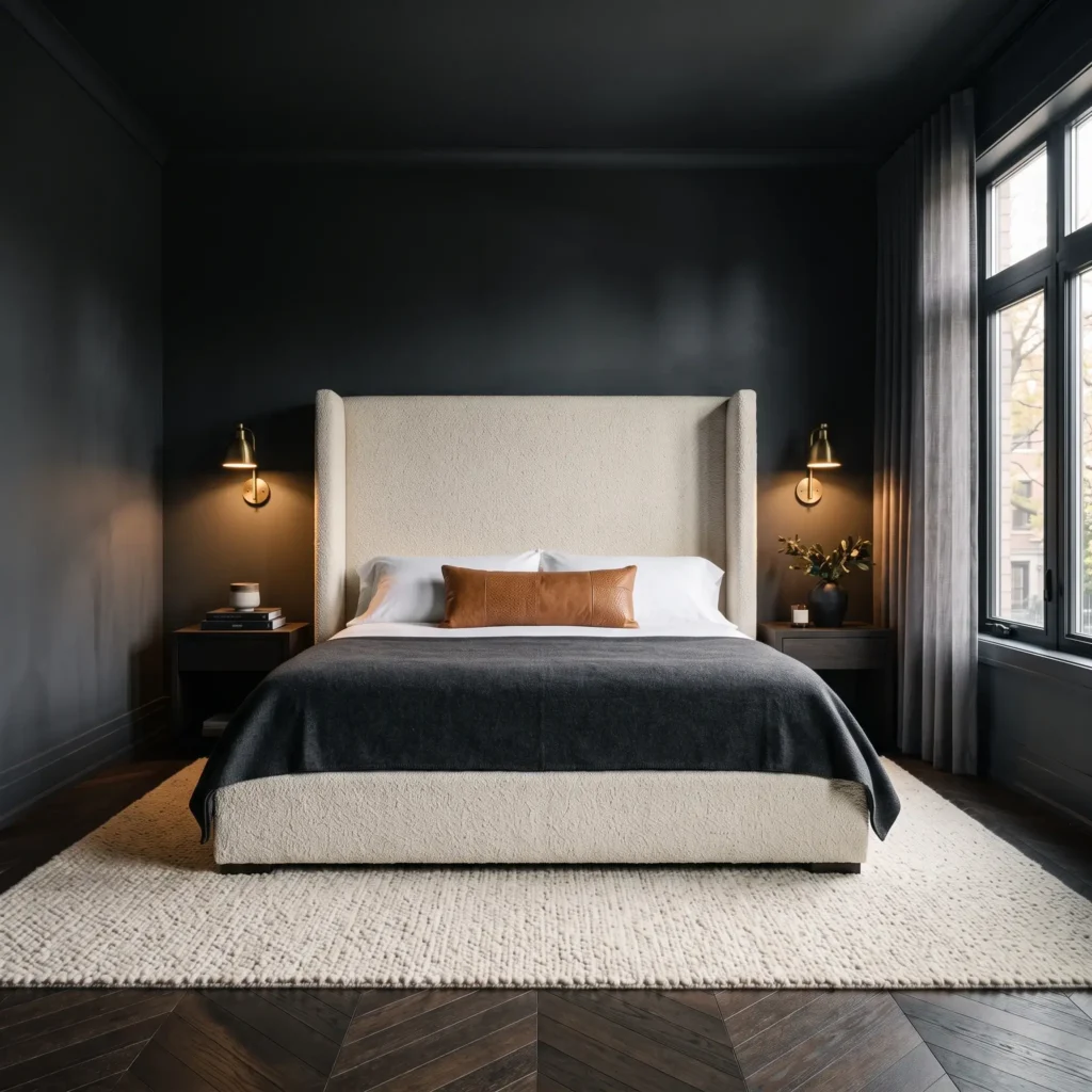 Moody dark grey bedroom with Benjamin Moore Kendall Charcoal walls, cream bouclé headboard, unlacquered brass sconces, and caramel leather accent pillow.