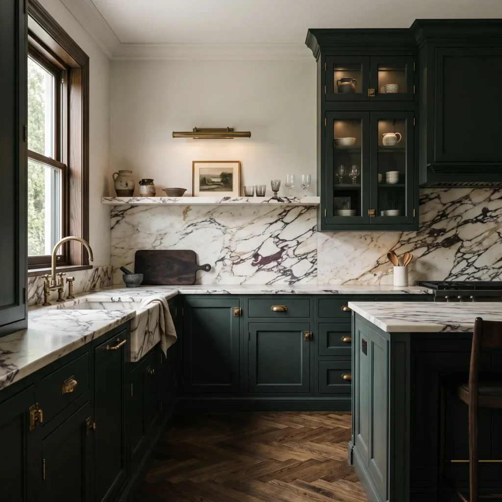 Traditional deep dark green kitchen cabinets painted Benjamin Moore Salamander with dramatic Calacatta Viola marble countertops.