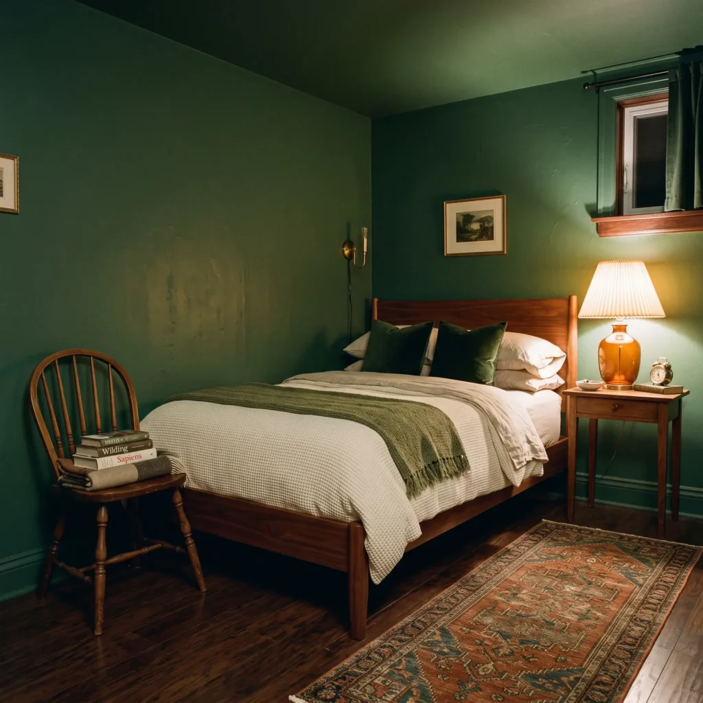  Intimate guest bedroom with dark olive green color-drenched walls and trim, walnut furniture, and warm lighting.