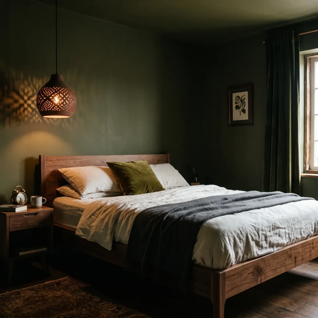 Deep olive green walls surrounding an American walnut bed with textured bone linen bedding.