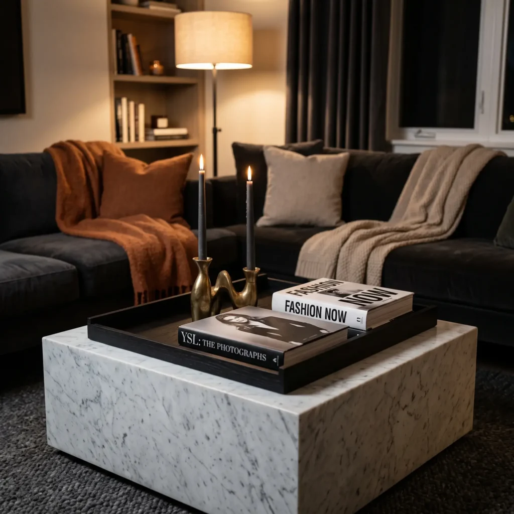 Honed white marble coffee table styled with dark espresso tray, brass candlesticks, and black ceramic accents.
