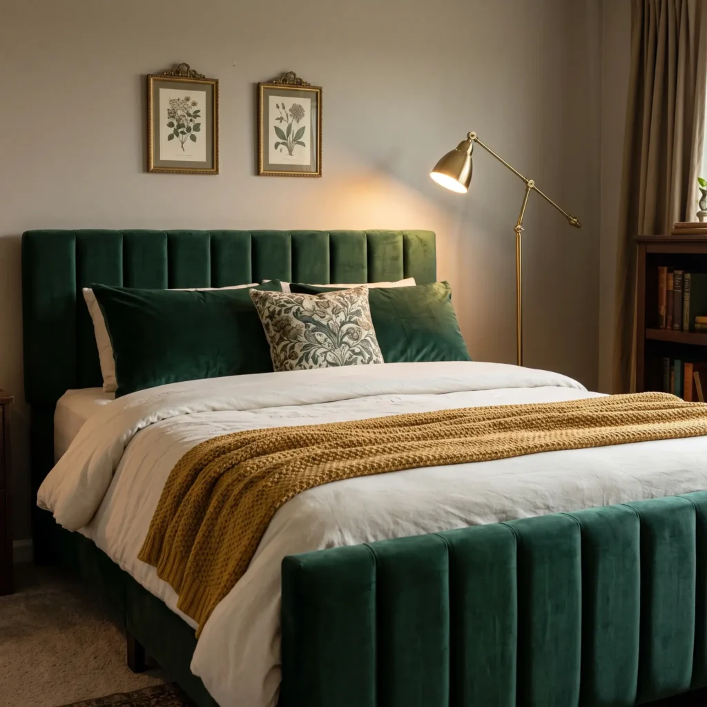 Forest green channel-tufted velvet bed with mustard throw blanket, brass reading lamp, and framed art in a teen bedroom.