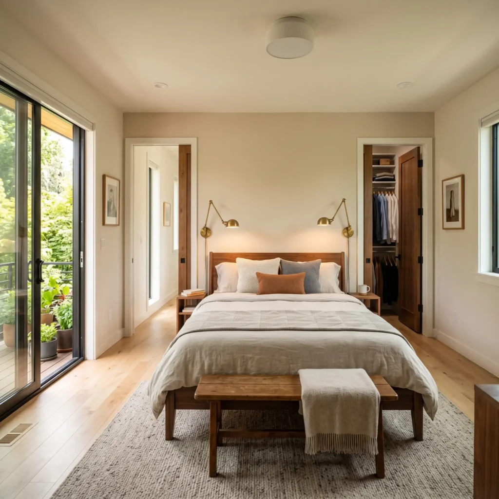 Space-efficient primary bedroom with pocket doors and wall-mounted brass sconces around a queen wood bed.