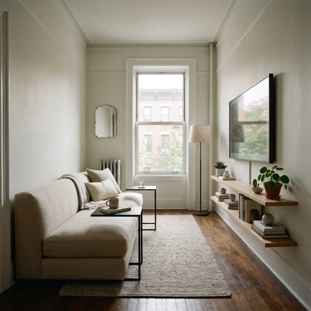 Long narrow apartment living room layout with an armless couch and slide-under C-tables.
