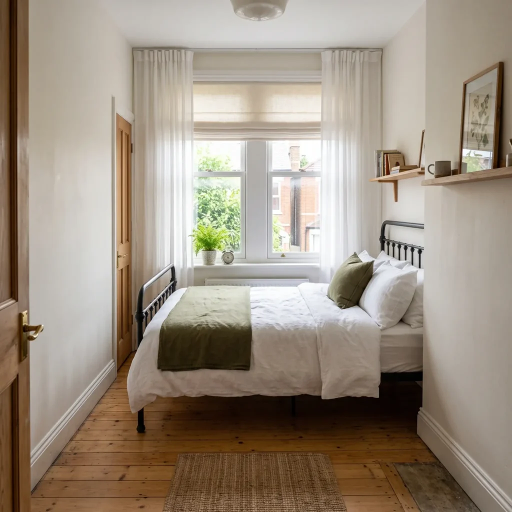 Narrow bedroom featuring a bed placed horizontally beneath a rear window with wall-to-wall drapery.